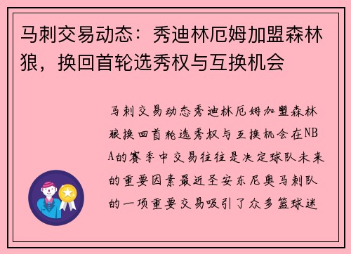 马刺交易动态：秀迪林厄姆加盟森林狼，换回首轮选秀权与互换机会